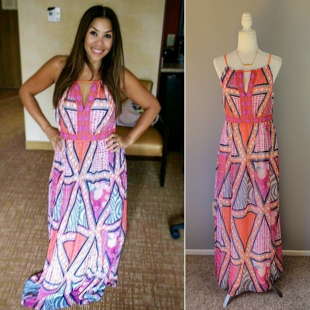 H&M // tribal print sleeveless high neck peek-a-boo front beaded maxi dress